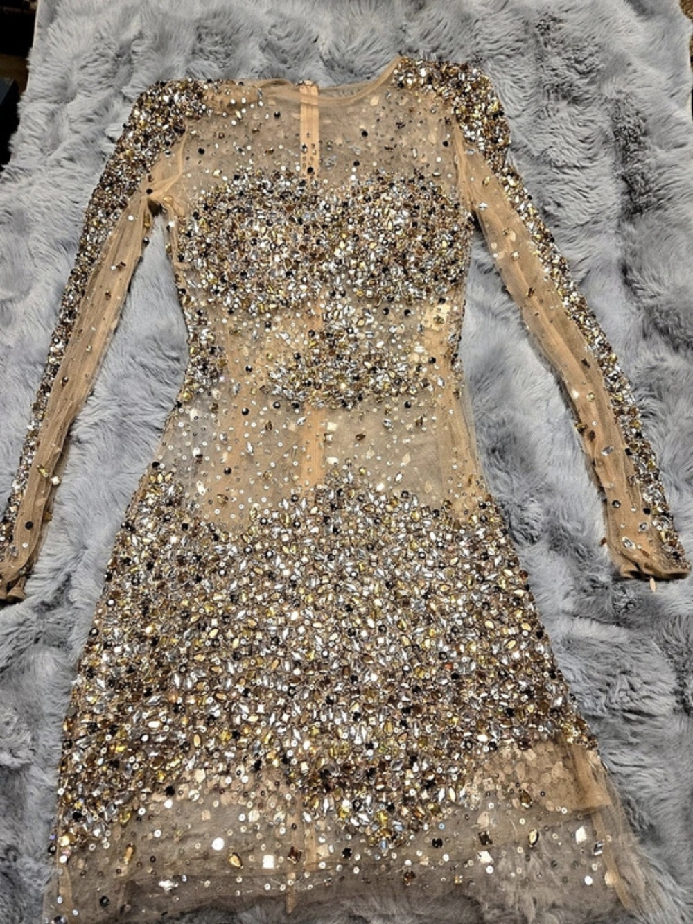 Jovani Nude Mesh Gold Silver Crystal Rhinestone Embellished Mini Dress XS